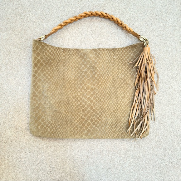 Rare Aphros Capri Suede Python Print Textured Tan Shoulder Tote Hobo 19x14.5”